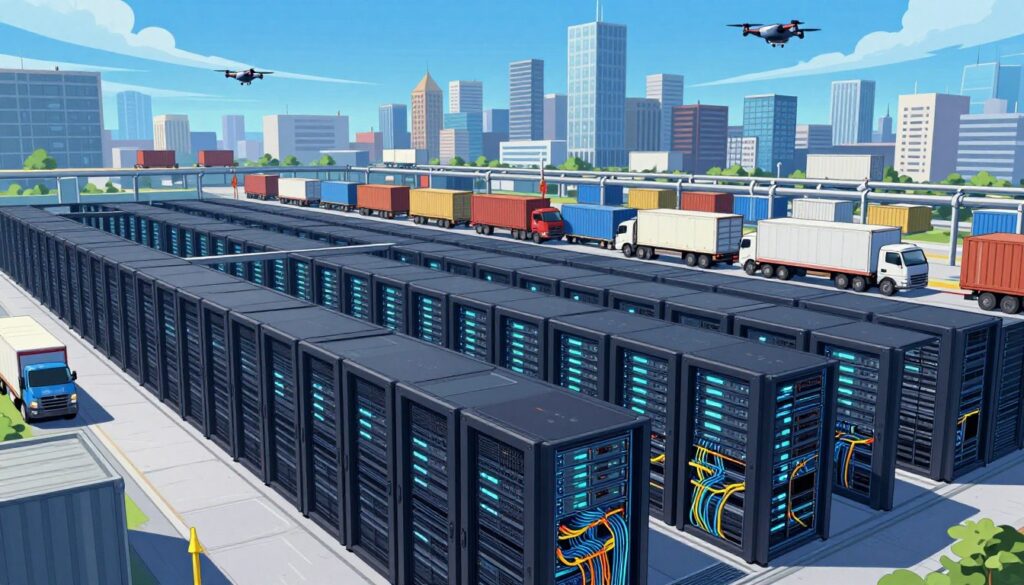 A panoramic view of U.S. critical infrastructure in the context of cybersecurity risks. In the foreground, a detailed representation of a sprawling cloud data center, with rows of illuminated server racks and fiber optic cables, showcasing advanced technology. The middle ground features interlinked supply chains, with trucks and cargo containers symbolizing modern logistics, all under a clear blue sky. In the background, a city skyline with high-tech buildings and drones patrolling the airspace, emphasizing the integration of AI in urban environments. The atmosphere conveys a sense of urgency and alertness, with dynamic lighting that casts shadows and highlights, creating a dramatic effect. The image is captured from a low angle, enhancing the scale and importance of infrastructure against potential cyber threats.