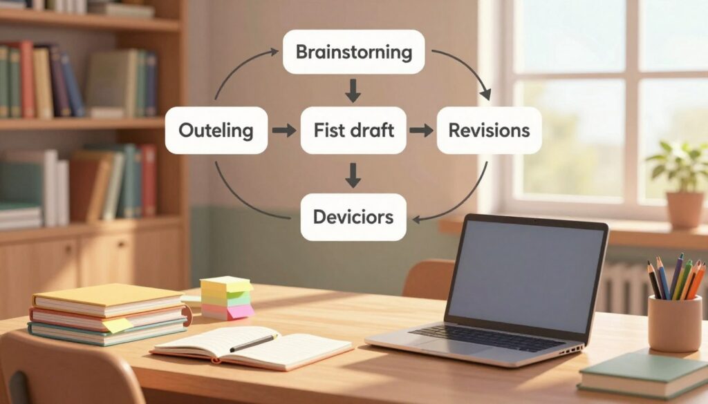 A peaceful study environment depicting the essay writing process structure. In the foreground, a neatly organized desk featuring a laptop, stacks of notepads, and colorful sticky notes. The middle layer shows a visual flowchart illustrating the stages: brainstorming, outlining, first draft, revisions, and final submission, with arrows connecting each step. The background includes a well-stocked bookshelf and a window letting in soft, natural light, casting gentle shadows across the room. The atmosphere is calm, focused, and inspiring, perfect for a writer. The lens should capture a wide-angle view, emphasizing both the desk and the inviting study space, creating a sense of creativity and productivity. A peaceful study environment depicting the essay writing process structure. In the foreground, a neatly organized desk featuring a laptop, stacks of notepads, and colorful sticky notes. The middle layer shows a visual flowchart illustrating the stages: brainstorming, outlining, first draft, revisions, and final submission, with arrows connecting each step. The background includes a well-stocked bookshelf and a window letting in soft, natural light, casting gentle shadows across the room. The atmosphere is calm, focused, and inspiring, perfect for a writer. The lens should capture a wide-angle view, emphasizing both the desk and the inviting study space, creating a sense of creativity and productivity.