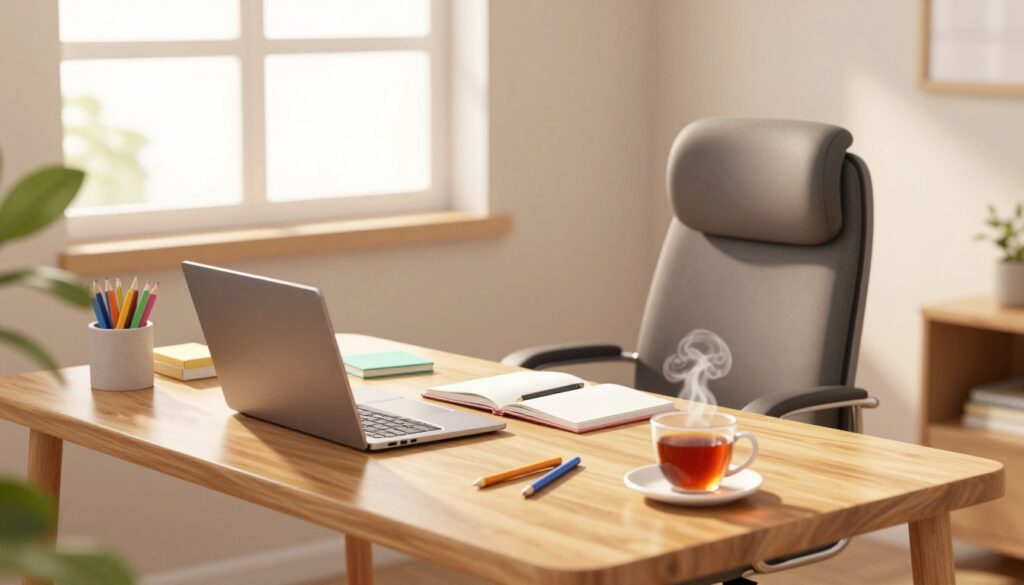 A peaceful study environment featuring a cozy, well-organized desk set against a soft, neutral-colored wall. The foreground displays a neatly arranged wooden table with a laptop, open notebooks, colorful stationery, and a steaming cup of tea, conveying a sense of focus and clarity. In the middle, a comfortable ergonomic chair invites productivity, while a small plant adds a touch of greenery. The background showcases a sunlit window with sheer curtains, allowing natural light to brighten the space. Soft shadows create a warm atmosphere, encouraging concentration. The scene is captured from a slight angle that emphasizes depth, highlighting the inviting yet distraction-free ambiance, perfect for effective study sessions.