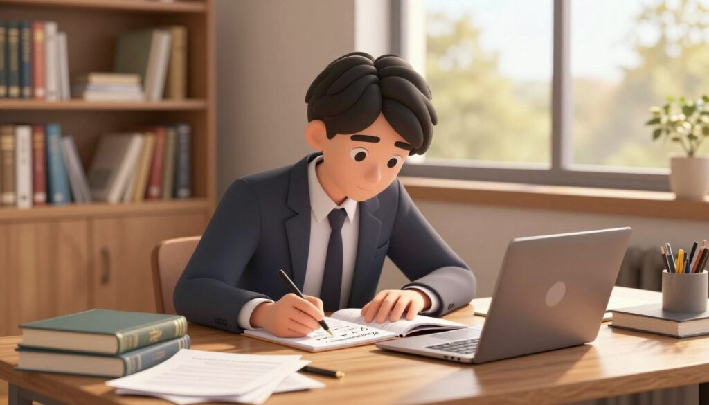 A person seated at a wooden desk in a warmly lit study, intently writing on a notepad filled with thoughts for a thesis statement. Papers, books, and a laptop are scattered around, emphasizing the chaos of ideas being organized. The background features a calming bookshelf lined with academic texts, a window revealing a serene outdoor view with soft sunlight streaming in. The foreground highlights the individual, a young adult in professional attire, deeply focused, embodying determination and creativity. The atmosphere conveys a sense of clarity amidst the writing process, with warm tones enhancing the mood of productivity and inspiration. The scene is captured with a slightly blurred background, creating a depth-of-field effect that emphasizes the act of crafting a thesis statement.