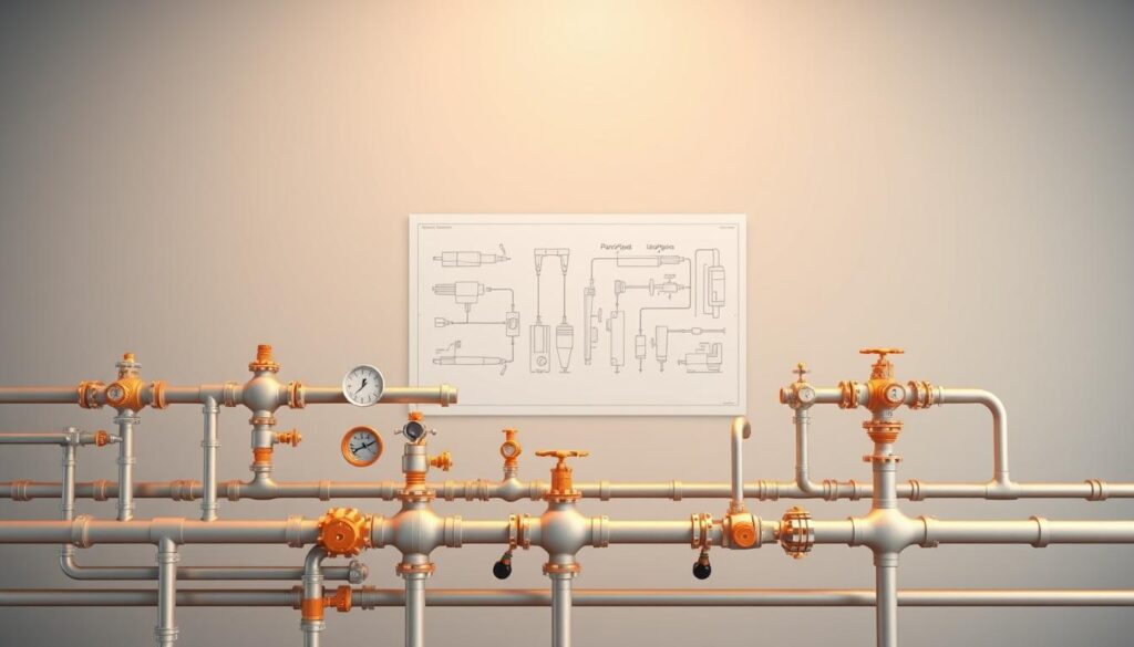 A practical pipeline data visualization set against a neutral gray background. In the foreground, an intricate network of interconnected pipes, valves, and gauges, conveying a sense of complex industrial processes. The middle ground features a simplified 3D schematic diagram, highlighting the key components and their relationships. In the background, a technical blueprint or engineering diagram, providing additional context and technical details. The overall scene is bathed in warm, diffuse lighting, creating a sense of professionalism and technical precision. The composition balances the functional and the visual, conveying the practical nature of the subject matter.