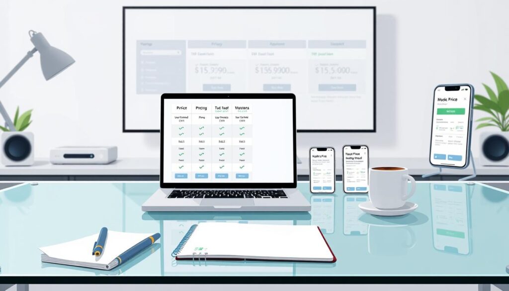 A pristine workspace with a glass desk, clean and minimalistic. On the desk, a laptop displays a pricing comparison interface, with different pricing options and plan details meticulously laid out. The foreground features a pen, a notebook, and a cup of coffee, creating a sense of focus and productivity. The middle ground showcases several mobile devices, each displaying pricing information, allowing for a comprehensive comparison. In the background, a large monitor displays additional pricing data, providing a holistic view. The lighting is soft and diffused, creating a calm and professional atmosphere. The overall scene conveys a sense of careful consideration and attention to detail when designing subscription models and pricing structures.