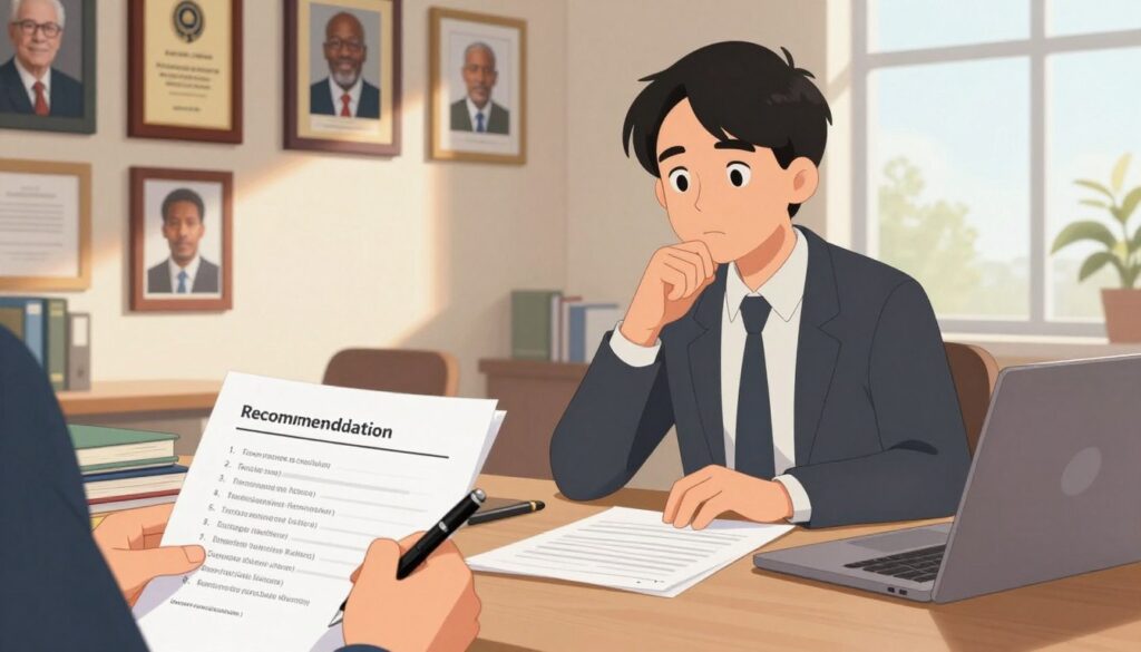 A professional setting featuring a focused individual sitting at a desk, surrounded by notes and a laptop, contemplating who to ask for a recommendation letter. In the foreground, a hand holding a pen poised over a notepad, with a short list of potential recommenders visible. In the middle ground, a wall adorned with framed professional accolades and images of suitable mentors, depicting diversity in age and ethnicity. The background shows a window with natural light streaming in, casting a warm glow on the scene, creating a thoughtful and introspective atmosphere. The person is dressed in smart casual attire, embodying professionalism. The angle is a slightly elevated shot, giving a clear view of the workspace and the individual’s pensive expression.