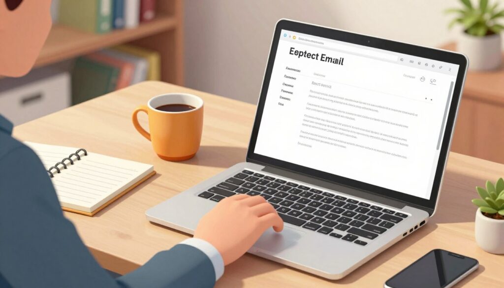 A professional setting showcasing a well-organized office desk with a laptop open, displaying a clear and respectful email draft. In the foreground, a hand in a business attire shirt is poised over the keyboard, emphasizing the act of writing. In the middle ground, a warm cup of coffee and a notepad with neatly written notes provide context and support for effective communication. The background features a softly lit bookshelf filled with educational materials and plants, contributing to a serene atmosphere. The lighting is bright yet soft, casting gentle shadows to create an inviting mood that highlights professionalism and clarity. The angle is slightly overhead, providing a comprehensive view of the workspace.