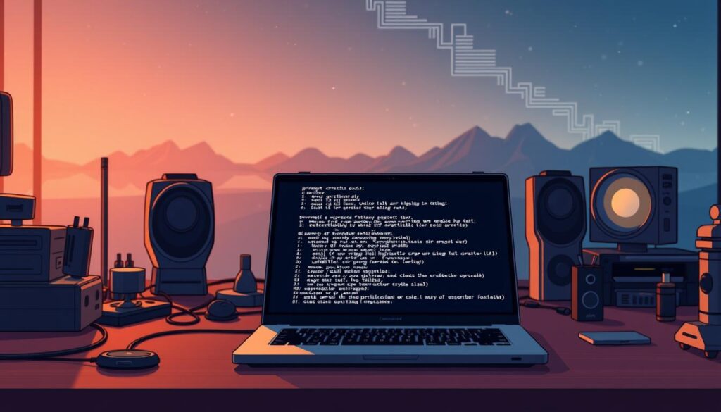 A professional software developer's workspace, the desktop illuminated by a warm, ambient light. In the foreground, a sleek, minimalist laptop displays lines of meticulously crafted "prompt spec code" - a concise, expressive set of instructions that will generate a striking visual. The middle ground features an array of technical tools and peripherals, hinting at the complexities of the image creation process. In the background, an abstract, data-inspired landscape suggests the analytical insights that will emerge from this creative workflow. The overall scene conveys a sense of focus, precision, and the intersection of technology and art. A professional software developer's workspace, the desktop illuminated by a warm, ambient light. In the foreground, a sleek, minimalist laptop displays lines of meticulously crafted "prompt spec code" - a concise, expressive set of instructions that will generate a striking visual. The middle ground features an array of technical tools and peripherals, hinting at the complexities of the image creation process. In the background, an abstract, data-inspired landscape suggests the analytical insights that will emerge from this creative workflow. The overall scene conveys a sense of focus, precision, and the intersection of technology and art.