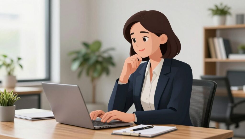 A professional woman seated at a sleek wooden desk, typing a message on a laptop, her expression thoughtful yet approachable. She wears smart business attire—blouse and blazer, with a warm smile that conveys friendliness. The foreground highlights her hands on the keyboard, with a notepad and pen beside her. In the middle, a soft-focus background showcases a light-filled office with modern decor, including indoor plants and a bookshelf, symbolizing a balanced work environment. Soft, natural lighting spills in through a large window, creating an inviting atmosphere. The overall mood is calm and organized, embodying the essence of effective professional communication without stiffness, with a slight depth of field to draw attention to the subject. A professional woman seated at a sleek wooden desk, typing a message on a laptop, her expression thoughtful yet approachable. She wears smart business attire—blouse and blazer, with a warm smile that conveys friendliness. The foreground highlights her hands on the keyboard, with a notepad and pen beside her. In the middle, a soft-focus background showcases a light-filled office with modern decor, including indoor plants and a bookshelf, symbolizing a balanced work environment. Soft, natural lighting spills in through a large window, creating an inviting atmosphere. The overall mood is calm and organized, embodying the essence of effective professional communication without stiffness, with a slight depth of field to draw attention to the subject.