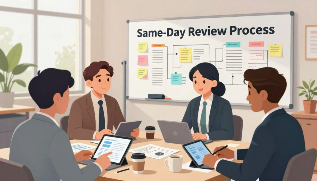 A professional workspace scene depicting the "Same-Day Review Process." In the foreground, a diverse group of three professionals, dressed in business attire, engage in focused discussion over a table scattered with papers, digital tablets, and coffee mugs. The middle ground features a large whiteboard filled with colorful notes and diagrams outlining progress and tasks. In the background, a bright office filled with plants and natural light streaming through large windows creates an inviting atmosphere. The overall mood is productive and collaborative, with soft, diffused lighting to emphasize a sense of calm and focus. The image should be taken from a slightly elevated angle, capturing both the details on the table and the interaction among the team members. A professional workspace scene depicting the "Same-Day Review Process." In the foreground, a diverse group of three professionals, dressed in business attire, engage in focused discussion over a table scattered with papers, digital tablets, and coffee mugs. The middle ground features a large whiteboard filled with colorful notes and diagrams outlining progress and tasks. In the background, a bright office filled with plants and natural light streaming through large windows creates an inviting atmosphere. The overall mood is productive and collaborative, with soft, diffused lighting to emphasize a sense of calm and focus. The image should be taken from a slightly elevated angle, capturing both the details on the table and the interaction among the team members.