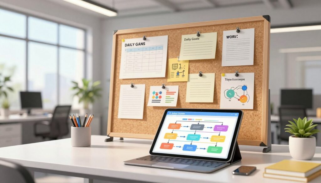 A professional workspace with a clean and organized desk in the foreground, featuring a digital tablet displaying a colorful project structure visualization diagram with interconnected tasks and milestones. In the middle, a large corkboard is pinned with notes and visuals depicting daily goals and strategic steps to achieve them, creating a sense of clarity and focus. The background shows a bright, modern office setting with large windows letting in natural light, casting soft shadows. The atmosphere is motivational and productive, inviting viewers to imagine workflow efficiency. Use a wide-angle lens for a dynamic perspective, highlighting the contrast between the structured visuals and the open, airy office space. The overall mood is one of inspiration and professionalism. A professional workspace with a clean and organized desk in the foreground, featuring a digital tablet displaying a colorful project structure visualization diagram with interconnected tasks and milestones. In the middle, a large corkboard is pinned with notes and visuals depicting daily goals and strategic steps to achieve them, creating a sense of clarity and focus. The background shows a bright, modern office setting with large windows letting in natural light, casting soft shadows. The atmosphere is motivational and productive, inviting viewers to imagine workflow efficiency. Use a wide-angle lens for a dynamic perspective, highlighting the contrast between the structured visuals and the open, airy office space. The overall mood is one of inspiration and professionalism.
