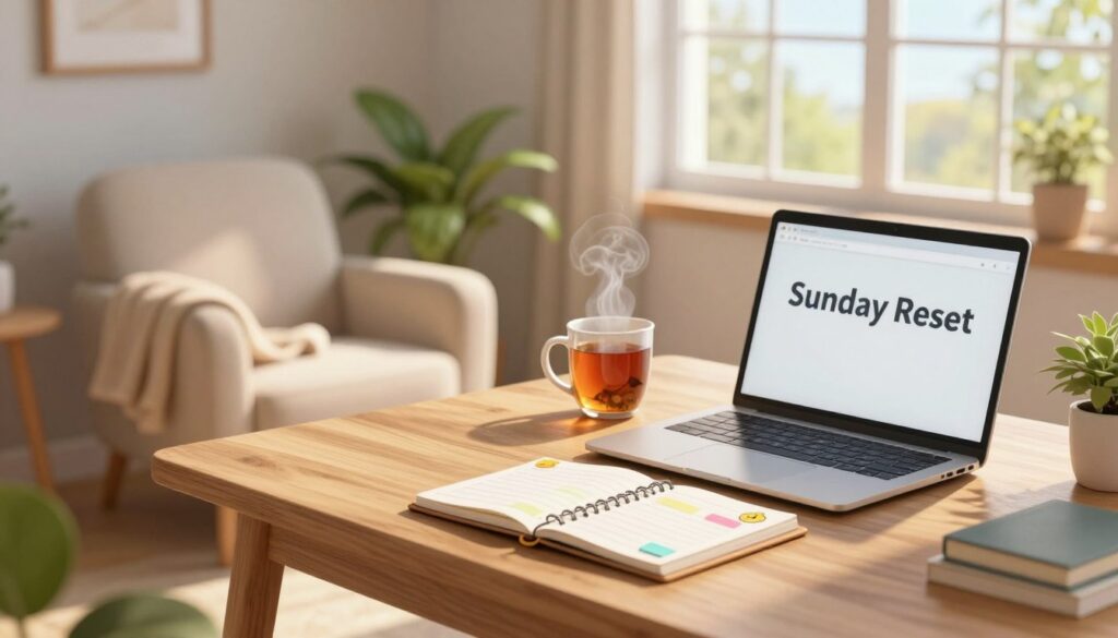 A serene Sunday morning scene depicting a cozy, sunlit home workspace. In the foreground, a neatly arranged wooden desk with a laptop open and a planner filled with colorful notes and stickers. A steaming mug of herbal tea sits beside the laptop, emitting gentle wisps of steam. In the middle ground, a comfortable armchair with a soft throw blanket invites relaxation. A potted plant adds a touch of greenery. The background features a window showing a bright, sunny day outside, with light streaming in, casting soft shadows across the room. The overall atmosphere conveys calmness and productivity, perfect for a "Sunday Reset" vibe, captured with warm lighting and a shallow depth of field, focusing on the desk.