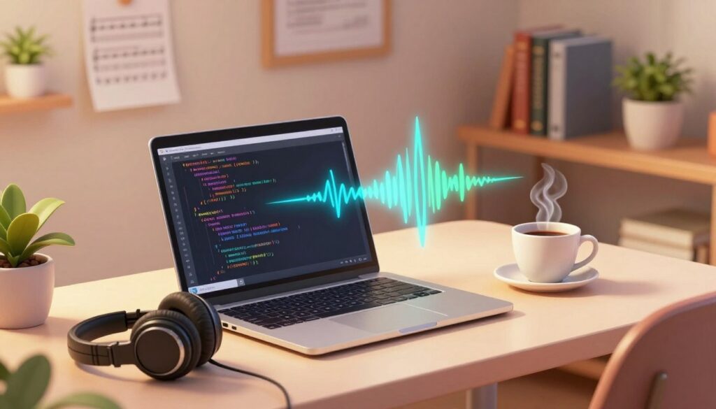 A serene and focused workspace designed for coding, featuring a clean desk with a laptop displaying lines of code. In the foreground, a comfortable pair of headphones rests beside a steaming cup of coffee, symbolizing the connection between music and concentration. In the middle ground, vibrant sound waves gently rise from the laptop, visually representing the rhythm and beats that stimulate creativity. The background includes a softly lit room, with a shelf of books on programming, music sheets, and a potted plant, creating an inviting atmosphere. The ambient lighting is warm and cozy, enhancing a sense of productivity and flow. Capture a perspective angled slightly above the desk, conveying a peaceful yet invigorating environment ideal for coding sessions.