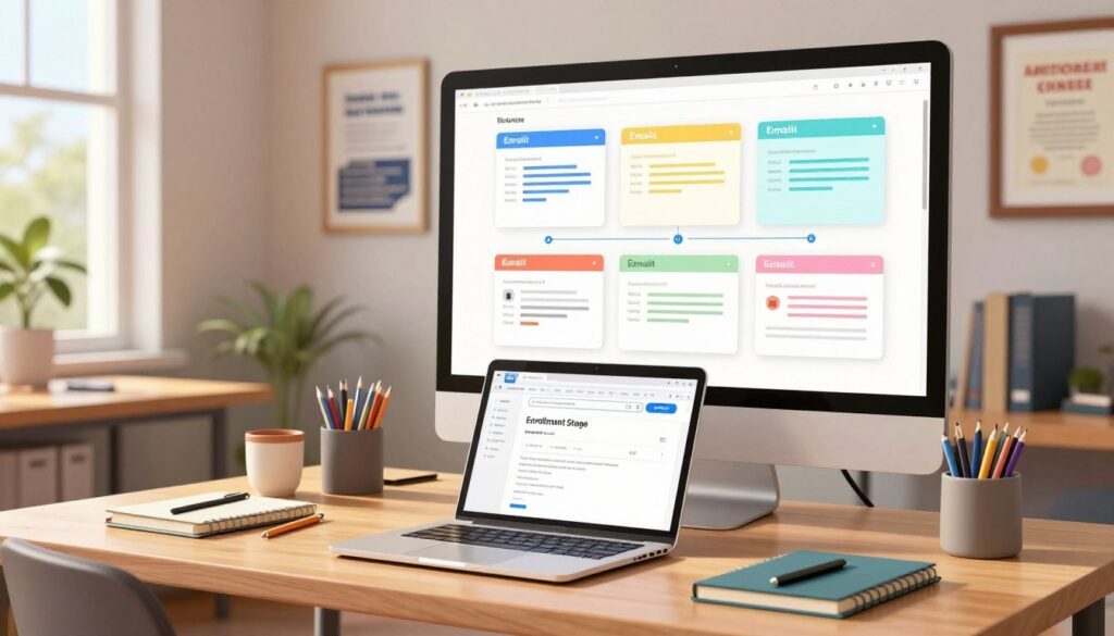 A serene and organized office workspace featuring multiple email templates displayed on a stylish modern computer screen. In the foreground, a sleek desk with a laptop open to an email template labeled "Enrollment Stage" surrounded by stationery items like notebooks and pens. In the middle, a whiteboard or wall display with colorful digital mockups of various email designs, showcasing different stages of the student enrollment process, arranged in a visually appealing manner. The background includes soft-focus university-related decor, such as framed diplomas and motivational posters. Warm, natural lighting filters in through a window, creating an inviting and professional atmosphere. The overall mood is focused and creative, ideal for educational planning.
