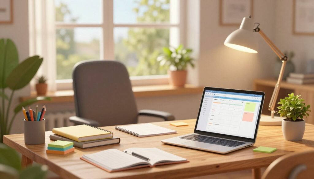 A serene and organized study environment designed for someone with ADHD. In the foreground, a sturdy wooden desk cluttered with neatly arranged study materials, a laptop open to a digital planner, and colorful sticky notes for reminders. In the middle, a comfortable ergonomic chair positioned under warm, soft lighting from a desk lamp, surrounded by potted plants providing a calming atmosphere. The background features a large window with natural daylight filtering through light sheer curtains, revealing a tranquil outdoor scene with trees. The overall mood is peaceful and focused, emphasizing a distraction-free zone, perfect for concentration and productivity. Capture this scene with a soft focus lens to create a warm, inviting feel. A serene and organized study environment designed for someone with ADHD. In the foreground, a sturdy wooden desk cluttered with neatly arranged study materials, a laptop open to a digital planner, and colorful sticky notes for reminders. In the middle, a comfortable ergonomic chair positioned under warm, soft lighting from a desk lamp, surrounded by potted plants providing a calming atmosphere. The background features a large window with natural daylight filtering through light sheer curtains, revealing a tranquil outdoor scene with trees. The overall mood is peaceful and focused, emphasizing a distraction-free zone, perfect for concentration and productivity. Capture this scene with a soft focus lens to create a warm, inviting feel.