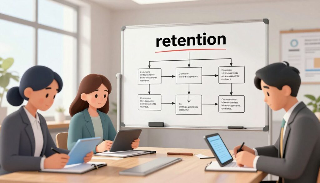 A serene, focused learning environment illustrating the concept of "retention." In the foreground, a diverse group of three professionals, dressed in business attire, engage with mini-assessments on tablets and notepads. Their expressions reflect concentration and engagement. In the middle, a large whiteboard filled with diagrams and flowcharts emphasizes structured thinking and organization, symbolizing the effectiveness of mini-assessments. The background features soft, natural light streaming through large windows, creating a welcoming atmosphere. The overall mood is one of productivity and clarity, with a shallow depth of field that softly blurs the background while keeping the individuals and whiteboard in sharp focus. The image reflects a modern, collaborative workspace that fosters learning and retention.