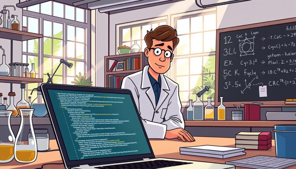 A serene laboratory setting with natural light streaming through large windows, illuminating a workspace filled with test tubes, beakers, and scientific apparatus. In the foreground, a laptop displays lines of code and natural language processing algorithms, while in the middle ground, a researcher intently examines the screen, a thoughtful expression on their face. The background features a bookshelf lined with reference materials and a chalkboard covered in equations and diagrams, suggesting a deep understanding of the nuances of language and its analysis.