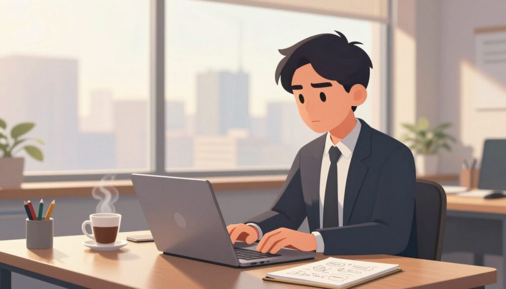 A serene office space during the morning light, emphasizing a single, focused individual in professional business attire, intently engaged with a laptop. The foreground features a neatly arranged desk with a steaming cup of coffee, a notebook with scribbled ideas, and motivational quotes. In the middle, the person is visibly immersed in their task, with a look of determination and focus, embodying the essence of productivity. The background showcases an expansive window with soft sunlight filtering in, illuminating a city skyline, creating an atmosphere of calm and purpose. The overall mood is one of inspiration and motivation, with a warm color palette enhancing the feeling of new beginnings. The composition uses a shallow depth of field to keep the focus on the individual while gently blurring the background.