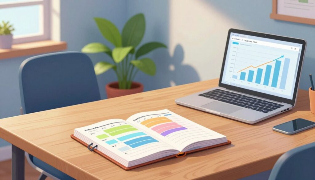 A serene office workspace showcasing time blocking strategies. In the foreground, a stylish wooden desk features a planner opened to a weekly schedule, color-coded blocks illustrating focused time slots for tasks. Beside it, a laptop displays productivity graphs. In the middle ground, a comfortable chair is positioned at the desk, with a vibrant indoor plant nearby, adding a touch of greenery. The background features a softly lit window, letting in natural light that casts gentle shadows, creating an inviting atmosphere of concentration and calm. The mood reflects focused productivity, with a balanced color palette of warm wood tones and cool blues. The image captures the essence of effective planning and flow state achievement without any text or overlays. A serene office workspace showcasing time blocking strategies. In the foreground, a stylish wooden desk features a planner opened to a weekly schedule, color-coded blocks illustrating focused time slots for tasks. Beside it, a laptop displays productivity graphs. In the middle ground, a comfortable chair is positioned at the desk, with a vibrant indoor plant nearby, adding a touch of greenery. The background features a softly lit window, letting in natural light that casts gentle shadows, creating an inviting atmosphere of concentration and calm. The mood reflects focused productivity, with a balanced color palette of warm wood tones and cool blues. The image captures the essence of effective planning and flow state achievement without any text or overlays.