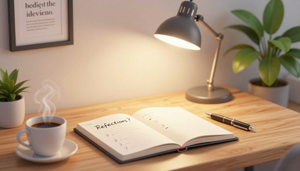 A serene office workspace with a wooden desk and an open notebook displaying reflection questions in elegant handwriting. In the foreground, a steaming cup of coffee sits beside the notebook, while a stylish pen rests nearby. In the middle, a soft-glow desk lamp illuminates the scene, casting gentle light that creates a warm, inviting atmosphere. Background elements include a wall with inspirational quotes framed in simple black frames and a lush green plant in the corner, providing a touch of nature. The angle is slightly above the desk level, focusing on the details, with a shallow depth of field to emphasize the reflective atmosphere and the essence of thoughtful decision-making. The overall mood is calm and focused, inspiring engagement with the reflection questions.