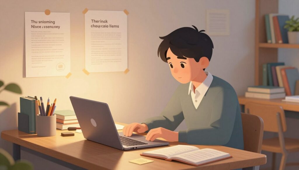 A serene study environment depicting a student in a focused flow state, seated at a wooden desk with books and a laptop open, surrounded by softly glowing motivational posters. In the foreground, the student, dressed in smart casual attire, has a look of deep concentration, with small notes and stationery scattered around. The middle ground features a warm light illuminating the workspace, creating a cozy atmosphere. In the background, hints of shelves filled with books and plants, enhancing the sense of tranquility. The soft, natural lighting casts gentle shadows, evoking a peaceful mood. The angle captures a slightly elevated view, emphasizing the student's engaged demeanor and the organized surrounding. This image captures the essence of productivity and focused engagement, embodying the flow state.