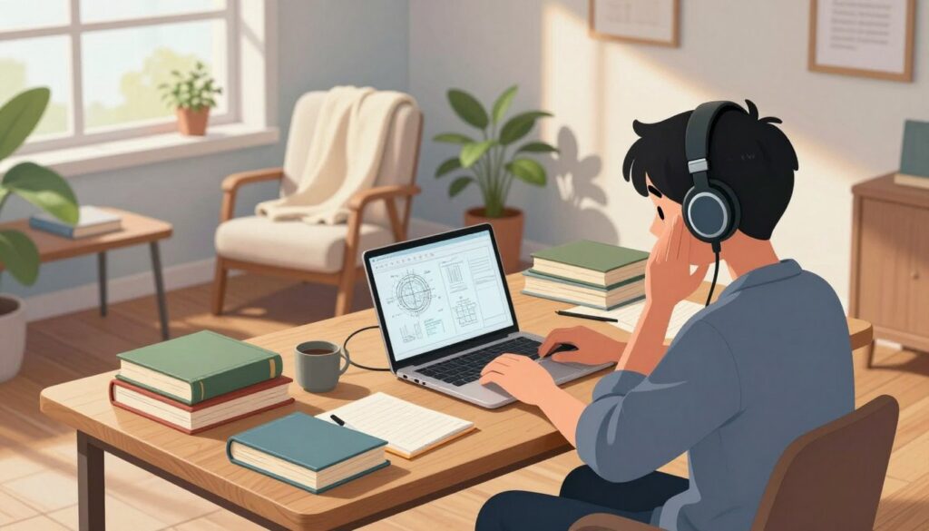 A serene study environment designed for advanced focus, featuring a spacious wooden desk cluttered with textbooks, notebooks, and a laptop displaying complex diagrams. In the foreground, a focused student dressed in smart casual attire, gently nodding to calming music from high-quality headphones. The middle ground includes a cozy reading chair draped with a soft throw blanket, next to a small plant providing a touch of nature. In the background, large windows allow natural light to flood the room, casting soft shadows on the warm wooden floor. The atmosphere is tranquil and inspiring, inviting concentration and creativity, with a cool color palette enhancing the feeling of focus. The composition captures an angle slightly above eye-level, emphasizing the organized chaos of learning. A serene study environment designed for advanced focus, featuring a spacious wooden desk cluttered with textbooks, notebooks, and a laptop displaying complex diagrams. In the foreground, a focused student dressed in smart casual attire, gently nodding to calming music from high-quality headphones. The middle ground includes a cozy reading chair draped with a soft throw blanket, next to a small plant providing a touch of nature. In the background, large windows allow natural light to flood the room, casting soft shadows on the warm wooden floor. The atmosphere is tranquil and inspiring, inviting concentration and creativity, with a cool color palette enhancing the feeling of focus. The composition captures an angle slightly above eye-level, emphasizing the organized chaos of learning.