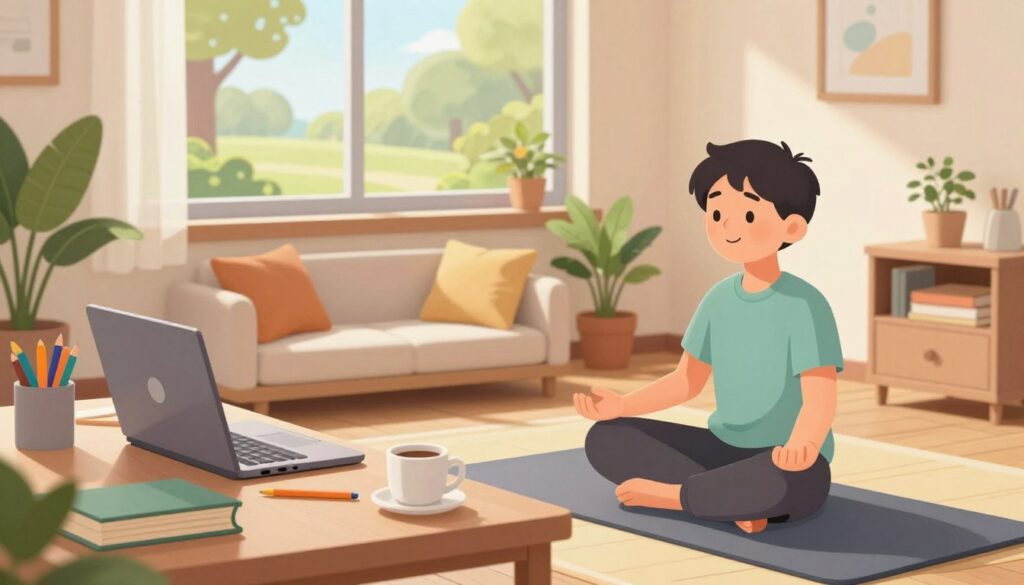 A serene study environment featuring a well-organized desk with textbooks, a laptop, and colorful stationery, representing effective prep recovery strategies. In the foreground, a student in modest casual clothing is practicing mindfulness with a relaxed expression, sitting on a yoga mat. In the middle, a cozy reading nook with comfy cushions, houseplants, and soft lighting creates a warm atmosphere. The background shows a peaceful window view overlooking a sunny park, symbolizing balance and motivation. Soft, diffused daylight filters through sheer curtains, enhancing the inviting mood. A coffee cup sits nearby, indicating a moment of rejuvenation. The overall scene should evoke feelings of calm focus and the importance of recovery in an academic setting. A serene study environment featuring a well-organized desk with textbooks, a laptop, and colorful stationery, representing effective prep recovery strategies. In the foreground, a student in modest casual clothing is practicing mindfulness with a relaxed expression, sitting on a yoga mat. In the middle, a cozy reading nook with comfy cushions, houseplants, and soft lighting creates a warm atmosphere. The background shows a peaceful window view overlooking a sunny park, symbolizing balance and motivation. Soft, diffused daylight filters through sheer curtains, enhancing the inviting mood. A coffee cup sits nearby, indicating a moment of rejuvenation. The overall scene should evoke feelings of calm focus and the importance of recovery in an academic setting.