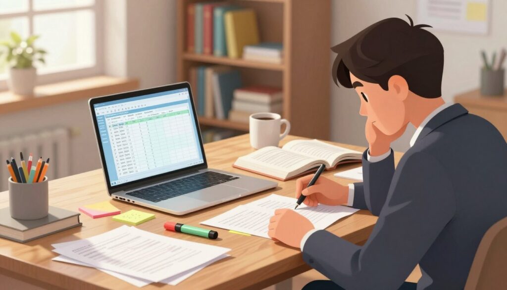 A serene study environment featuring a wooden desk cluttered with papers, colorful sticky notes, and a laptop displaying a spreadsheet analyzing missed questions by confidence levels. In the foreground, a focused individual, dressed in professional business attire, leans thoughtfully over the desk, reviewing notes with a pen in hand. The middle ground showcases an open textbook, some highlighters, and a coffee mug, creating an inviting workspace. The background is softly blurred, revealing a bookshelf filled with academic texts, and a window allowing natural light to filter in, casting gentle shadows across the scene. The atmosphere is one of reflection and determination, with warm lighting enhancing a sense of inquiry and exploration.