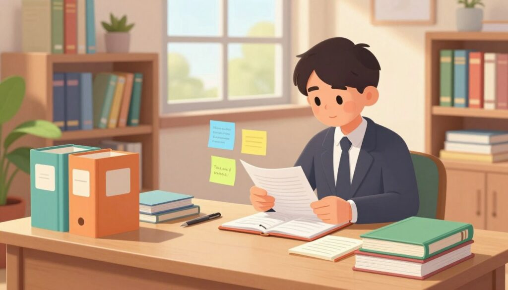 A serene study environment showcasing effective organization for academic success. In the foreground, a neatly arranged workspace with a wooden desk covered with colorful folders labeled for different subjects, a tidy notebook, and neatly stacked textbooks. In the middle, a focused student wearing professional attire is intently reviewing notes, surrounded by vibrant sticky notes for reminders and key concepts. The background features a large window with soft, natural light streaming in, illuminating a bookshelf filled with neatly organized books and a potted plant. The overall atmosphere is calm and motivating, with warm lighting creating a productive mood that inspires academic achievement.