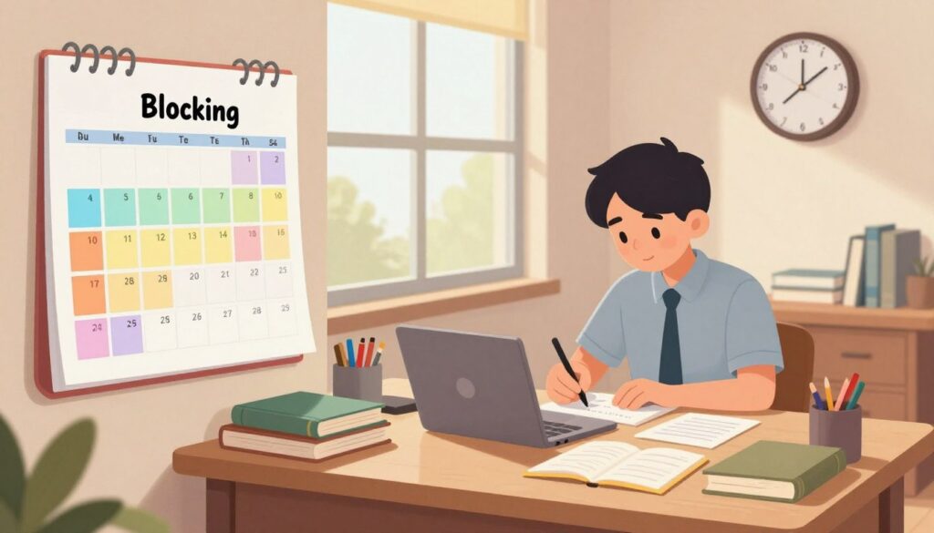 A serene study environment showcasing the concept of time blocking for effective studying. In the foreground, a wall-mounted calendar displaying colorful time blocks organized by subject, with a nearby desk cluttered with textbooks, a laptop, and stationery neatly arranged. In the middle, a focused student, dressed in professional casual attire, writing notes while glancing at a wall clock that emphasizes time management. In the background, a large window lets in soft, natural light, illuminating the room and creating a calming atmosphere. The overall mood should evoke productivity and focus, with a warm color palette highlighting the importance of structured studying. The angle should be slightly elevated, providing a comprehensive view of the desk and calendar.