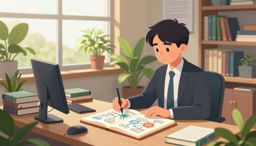 A serene study environment that embodies advanced flow state techniques, featuring a young adult student focused on a desk cluttered with books and digital devices, surrounded by vibrant green plants. In the foreground, a glowing notebook with intricate flowcharts and mind maps illustrates organization and clarity. The student's expression is one of concentration and calm, dressed in professional business attire, seated comfortably in a modern chair. The middle ground showcases soft sunlight filtering through a large window, casting gentle shadows across the room, enhancing the sense of tranquility. In the background, shelves filled with neatly arranged books and a motivational poster subtly hint at productivity. The overall mood is one of focus and inspiration, emphasizing a peaceful route to mastering challenging subjects. A serene study environment that embodies advanced flow state techniques, featuring a young adult student focused on a desk cluttered with books and digital devices, surrounded by vibrant green plants. In the foreground, a glowing notebook with intricate flowcharts and mind maps illustrates organization and clarity. The student's expression is one of concentration and calm, dressed in professional business attire, seated comfortably in a modern chair. The middle ground showcases soft sunlight filtering through a large window, casting gentle shadows across the room, enhancing the sense of tranquility. In the background, shelves filled with neatly arranged books and a motivational poster subtly hint at productivity. The overall mood is one of focus and inspiration, emphasizing a peaceful route to mastering challenging subjects.
