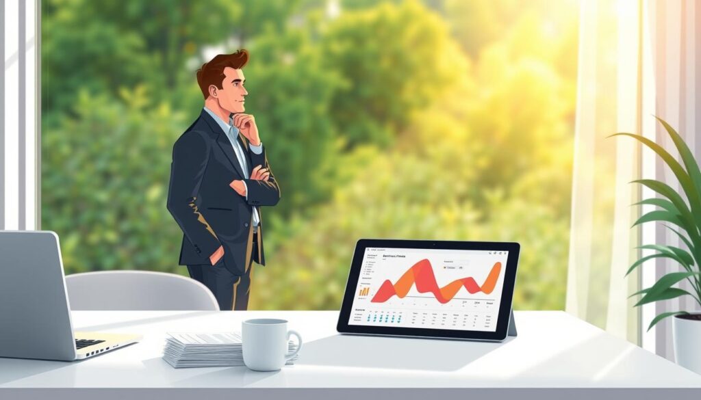 A serene, sun-dappled office setting, with a large window overlooking a lush, verdant landscape. In the foreground, a white desk with a laptop and a stack of papers, alongside a mug of steaming coffee. On the desk, a tablet displays a colorful data visualization, showcasing the insights and benefits of sentiment analysis. In the middle ground, a thoughtful, business-casual professional stands, considering the insights on the screen. The lighting is soft and warm, creating a contemplative atmosphere. The background is a blur of greenery, suggesting the connection between data-driven decision-making and business growth.