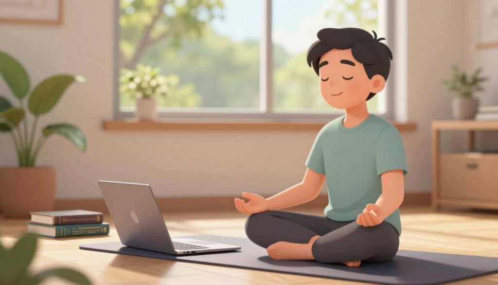 A serene workspace bathed in soft, warm natural light, featuring a mindful programmer seated cross-legged on a yoga mat, dressed in casual but professional clothing. In the foreground, the programmer is engaging in mindful breathing, with closed eyes and a gentle smile, hands resting on knees. In the middle, a sleek laptop sits nearby, open but idle, surrounded by a few coding books and a potted plant. The background reveals a calming environment with a window showcasing green trees and sunlight filtering through, creating a peaceful atmosphere. The mood is tranquil and focused, emphasizing the balance between technology and mindfulness, with a shallow depth of field to highlight the figure.
