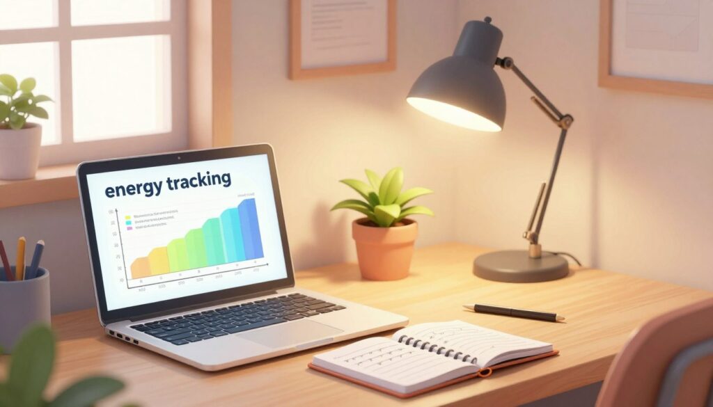 A serene workspace illustrating the concept of "energy tracking." In the foreground, a neatly organized desk with a laptop displaying vibrant energy charts and notes; a well-worn notebook with handwritten energy patterns rests beside it. In the middle ground, a soft light emanates from a stylish desk lamp, enhancing the focused atmosphere. A potted plant adds a touch of nature, symbolizing growth and renewal. The background features a cozy room with gentle, warm lighting filtering through a window, casting soft shadows. The overall mood is calm and focused, inspiring creativity and reflection. The scene is devoid of human figures, allowing the viewer to concentrate on the energy tracking elements present in the workspace.