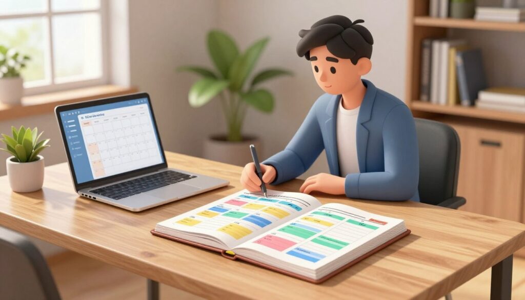 A serene workspace showcasing the concept of time blocking. In the foreground, a sleek wooden desk is adorned with a planner open to a colorful, structured weekly schedule filled with neatly organized blocks of time, indicating tasks and appointments. Beside the planner, a laptop displays a calendar app, emphasizing digital organization. In the middle ground, a focused young professional in business casual attire is seated, pen in hand, thoughtfully reviewing the schedule. Soft, natural light filters in through a window, casting gentle shadows, creating a calm and productive atmosphere. The background features a well-organized bookshelf and a potted plant, further enhancing the sense of order and efficiency. The overall mood is motivating and inspiring, perfect for promoting the benefits of effective scheduling. A serene workspace showcasing the concept of time blocking. In the foreground, a sleek wooden desk is adorned with a planner open to a colorful, structured weekly schedule filled with neatly organized blocks of time, indicating tasks and appointments. Beside the planner, a laptop displays a calendar app, emphasizing digital organization. In the middle ground, a focused young professional in business casual attire is seated, pen in hand, thoughtfully reviewing the schedule. Soft, natural light filters in through a window, casting gentle shadows, creating a calm and productive atmosphere. The background features a well-organized bookshelf and a potted plant, further enhancing the sense of order and efficiency. The overall mood is motivating and inspiring, perfect for promoting the benefits of effective scheduling.