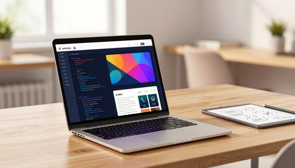 A sleek, modern coding portfolio app displayed on a stylish laptop situated on a minimalist wooden desk. In the foreground, the laptop screen showcases an interactive UI design filled with vibrant colors, code snippets, and project thumbnails that reflect creativity and technical skill. The middle ground features a clean workspace, with a notepad and a digital tablet with sketches of code ideas. The background is a softly blurred home office setting with warm lighting filtering through a large window, creating a cozy yet professional ambiance. The atmosphere is inspiring and motivating, perfect for a coding enthusiast. The image should be composed with a slight angle, emphasizing the laptop and workspace, capturing a glimpse of the coder’s environment.