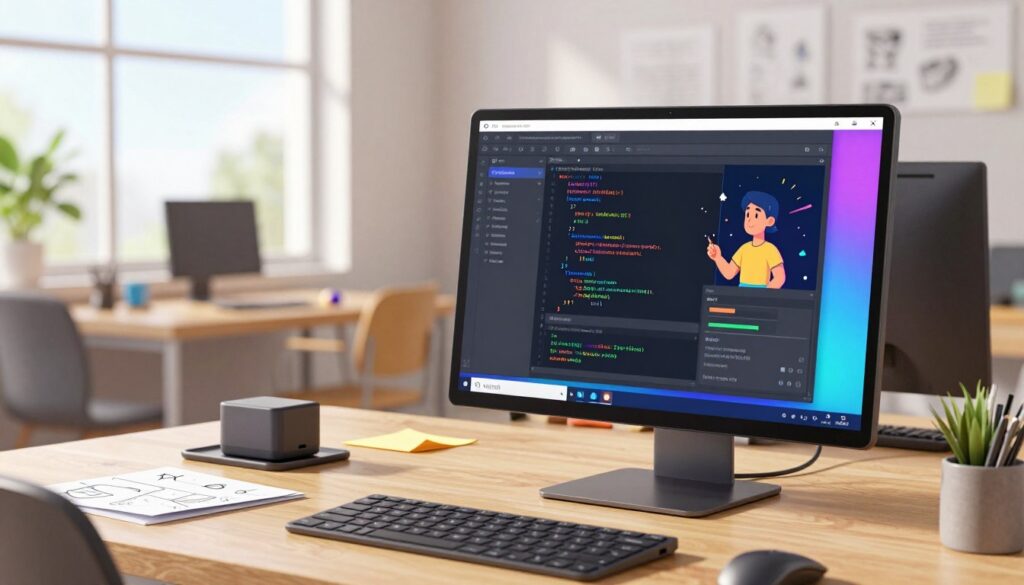 A sleek, modern digital workspace featuring the v0 platform by Vercel prominently displayed on a high-resolution computer screen in the foreground. The screen showcases a vibrant, intuitive editor interface with vivid colors and easy-to-read code. Surrounding the computer, creative coding tools and design elements like sketches and notes create an inspiring atmosphere. In the middle background, a well-organized workspace with soft natural lighting streaming through a large window enhances the mood of creativity and productivity. The overall scene conveys a sense of transparency in the coding process with innovative UI elements subtly highlighted. Use a wide-angle lens to capture the full environment, focusing on clarity and detail while maintaining a warm, inviting ambiance that encourages exploration and interaction.