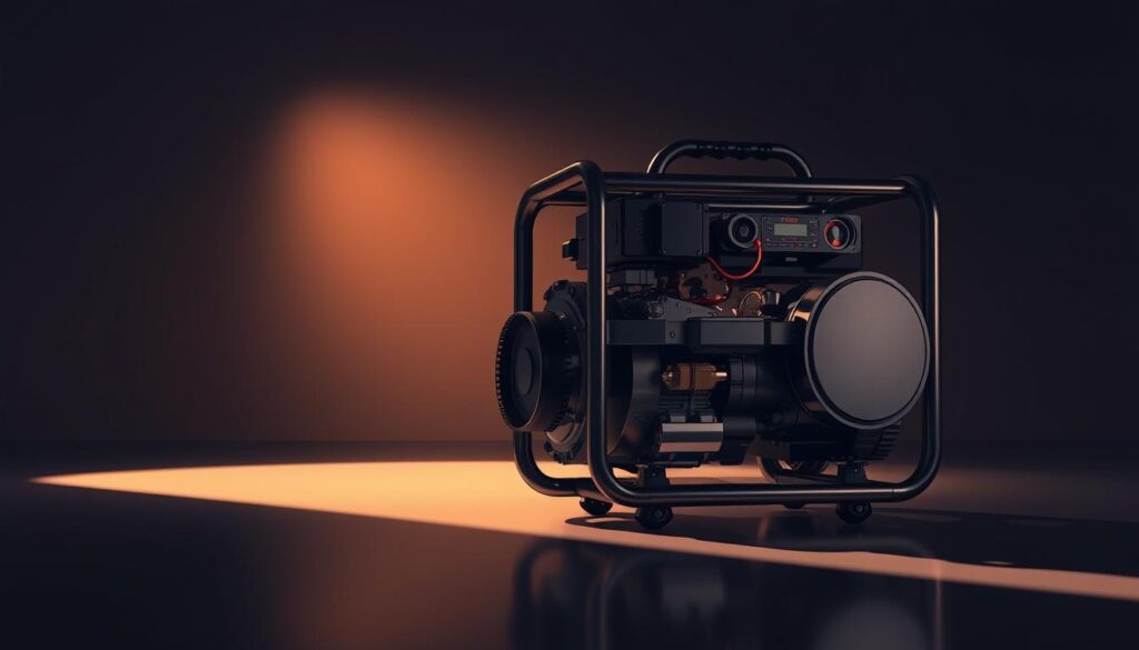 A sleek, modern generator in a dimly lit studio, casting dramatic shadows across the polished metal surface. The device is positioned in the foreground, with a warm, diffused light illuminating its intricate gears and components, creating a sense of mechanical elegance. In the middle ground, a minimalist backdrop of soft, neutral tones provides a subtle contrast, allowing the generator to take center stage. The overall atmosphere is one of understated sophistication, conveying a sense of power and potential - the perfect illustration for an article about AI-written romance stories.