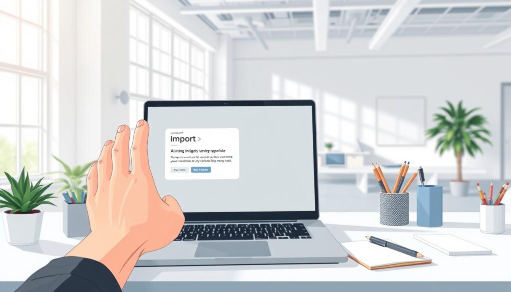 A sleek, modern office desk with a laptop and various stationery items. In the foreground, a hand is reaching towards the laptop, with the screen displaying an elegant, minimalist user interface for a script import feature. The background is a bright, airy workspace with large windows allowing natural light to stream in, creating a productive and creative atmosphere. The lighting is soft and diffused, highlighting the details of the desk setup. The overall mood is one of efficiency, focus, and technological integration within an inspiring work environment. A sleek, modern office desk with a laptop and various stationery items. In the foreground, a hand is reaching towards the laptop, with the screen displaying an elegant, minimalist user interface for a script import feature. The background is a bright, airy workspace with large windows allowing natural light to stream in, creating a productive and creative atmosphere. The lighting is soft and diffused, highlighting the details of the desk setup. The overall mood is one of efficiency, focus, and technological integration within an inspiring work environment.