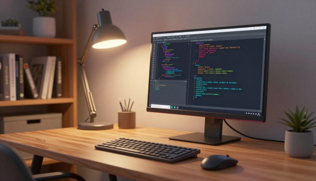 A sleek, modern workspace featuring a high-resolution monitor displaying vibrant lines of code. In the foreground, the monitor is positioned on a minimalist wooden desk, adorned with ergonomic tools like a comfortable keyboard and an adjustable mouse. The middle layer shows a soft-focus desk lamp emitting warm, ambient lighting that enhances the focus on the screen, while maintaining a calm atmosphere. In the background, a cozy bookshelf filled with programming books and personal artifacts complements the scene, providing a sense of inspiration. The overall mood is one of productivity and focus, evoking a professional setting suitable for deep concentration and coding flow. The angle is slightly tilted downward to capture the workspace, emphasizing the functionality and aesthetics of a coding environment. The lighting is soft, creating an inviting yet efficient workspace. A sleek, modern workspace featuring a high-resolution monitor displaying vibrant lines of code. In the foreground, the monitor is positioned on a minimalist wooden desk, adorned with ergonomic tools like a comfortable keyboard and an adjustable mouse. The middle layer shows a soft-focus desk lamp emitting warm, ambient lighting that enhances the focus on the screen, while maintaining a calm atmosphere. In the background, a cozy bookshelf filled with programming books and personal artifacts complements the scene, providing a sense of inspiration. The overall mood is one of productivity and focus, evoking a professional setting suitable for deep concentration and coding flow. The angle is slightly tilted downward to capture the workspace, emphasizing the functionality and aesthetics of a coding environment. The lighting is soft, creating an inviting yet efficient workspace.