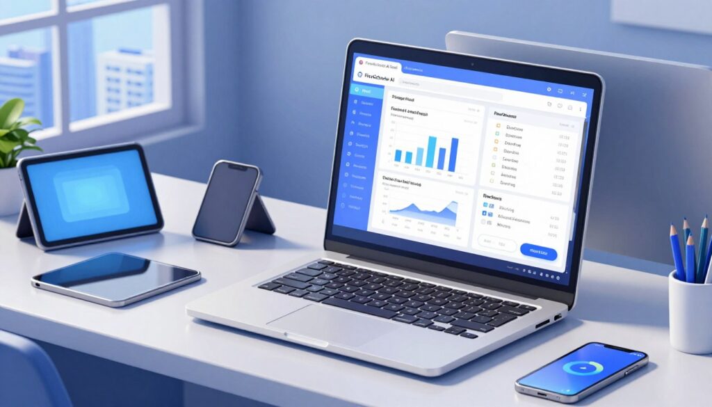 A sleek, modern workspace showcasing the FlowScholar AI Tool on a high-resolution computer screen. In the foreground, a laptop with a clean, minimalist design displays an interactive dashboard of the AI tool, featuring graphs and assignment tracking features. In the middle, an organized desk scattered with digital devices—tablets, smartphones—alluding to the productivity theme. Soft, ambient lighting enhances a professional atmosphere, casting gentle shadows. A calming color palette of blues and whites exudes a sense of organization and focus. In the background, a window reveals a cityscape, symbolizing progress and future opportunities. The mood is inspiring and tech-savvy, highlighting the integration of technology in managing assignments efficiently. A sleek, modern workspace showcasing the FlowScholar AI Tool on a high-resolution computer screen. In the foreground, a laptop with a clean, minimalist design displays an interactive dashboard of the AI tool, featuring graphs and assignment tracking features. In the middle, an organized desk scattered with digital devices—tablets, smartphones—alluding to the productivity theme. Soft, ambient lighting enhances a professional atmosphere, casting gentle shadows. A calming color palette of blues and whites exudes a sense of organization and focus. In the background, a window reveals a cityscape, symbolizing progress and future opportunities. The mood is inspiring and tech-savvy, highlighting the integration of technology in managing assignments efficiently.