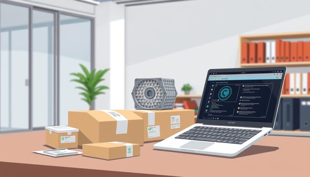 A spacious, well-lit office interior with a clean, modern aesthetic. In the foreground, an open laptop displays a visually-appealing user interface with intuitive controls and customizable options. Placed neatly alongside the laptop are various packaging materials, including a sleek cardboard box, bubble wrap, and shipping labels. The middle ground features a 3D-printed model of a GPT module, its intricate details rendered with precision. In the background, shelves lined with neatly organized folders and binders suggest a professional, organized workspace. The overall mood is one of efficiency, productivity, and a sense of the "plug-and-play" nature of the custom AI solutions on offer.