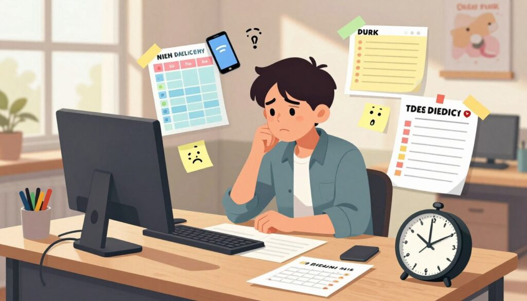 A student sitting at a modern desk, surrounded by colorful planners, sticky notes, and a digital calendar. The foreground features a desktop clock emphasizing the concept of time, while the middle ground depicts the student frowning in thought, wearing casual yet tidy clothing. Various time-blocking challenges are illustrated around them, such as conflicting schedules, distraction symbols like smartphones, and a messy to-do list. The background showcases a bright, organized study area with motivational posters and natural light streaming in through a window, creating a warm atmosphere. The scene captures a sense of focus and a determination to overcome obstacles, with an angle that emphasizes the cluttered yet motivational environment.