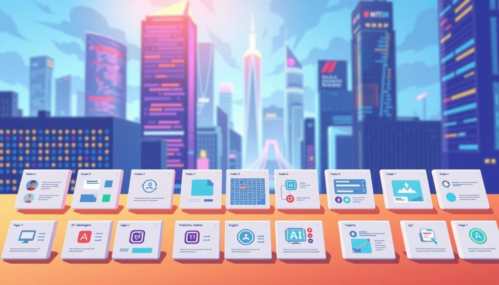 A stunning digital illustration showcasing a collection of Notion templates enhanced by AI planning logic. The foreground features a clean, minimalist design with various template icons arranged in a grid-like pattern, each representing a specific use case or functionality. The middle ground depicts detailed visualizations of the templates' AI-powered features, such as dynamic task management, workflow automation, and predictive analytics. In the background, a vibrant, futuristic cityscape sets the tone, hinting at the transformative power of these AI-enhanced Notion templates in the modern business landscape. Lit by a warm, directional light source, the scene evokes a sense of innovation, productivity, and the seamless integration of technology and productivity tools. A stunning digital illustration showcasing a collection of Notion templates enhanced by AI planning logic. The foreground features a clean, minimalist design with various template icons arranged in a grid-like pattern, each representing a specific use case or functionality. The middle ground depicts detailed visualizations of the templates' AI-powered features, such as dynamic task management, workflow automation, and predictive analytics. In the background, a vibrant, futuristic cityscape sets the tone, hinting at the transformative power of these AI-enhanced Notion templates in the modern business landscape. Lit by a warm, directional light source, the scene evokes a sense of innovation, productivity, and the seamless integration of technology and productivity tools.