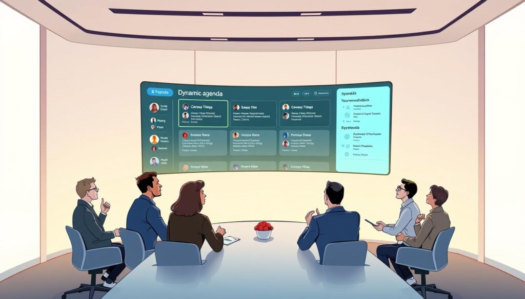 A technologically-advanced conference room with a large, curved display screen at the front. On the screen, a dynamic, real-time agenda is shown, with adjustable event times, speaker information, and personalized recommendations for attendees based on their interests and schedules. In the foreground, a group of professionals are seated around a sleek, minimalist table, engaged in animated discussions, their expressions reflecting the usefulness and convenience of the intelligent scheduling system. Soft, indirect lighting creates a warm, productive atmosphere, while the background features subtle architectural details that hint at a modern, cutting-edge corporate setting.