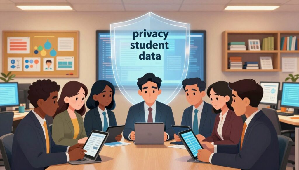 A thoughtfully designed office space filled with desks, computers, and a large bulletin board displaying colorful charts and student profiles, symbolizing "privacy student data." In the foreground, a diverse group of professionals in smart business attire are engaged in a serious discussion, closely examining data on digital tablets. The middle ground features a semi-transparent shield overlaying a digital screen, representing the concept of protecting student data. The background includes soft-lit shelves filled with educational resources and documents. The lighting is warm and focused, creating an atmosphere of collaboration and ethical responsibility. The image captures a sense of urgency and care, reflecting the need for sensitivity around student information.