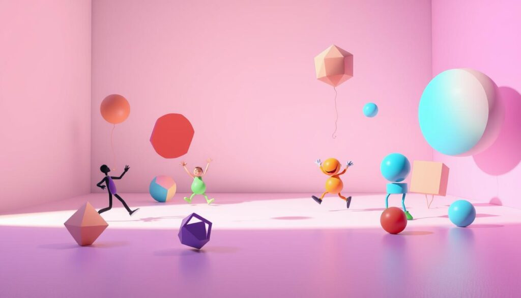A vibrant 3D scene showcasing a variety of playful CSS animations. In the foreground, smooth transitions seamlessly transform simple geometric shapes into dynamic, expressive forms. Subtle easing and keyframing bring these elements to life, creating a captivating dance across the frame. The middle ground features bold, colorful gradients that gently morph and pulse, echoing the energetic movements. In the background, a sleek, minimalist environment sets the stage, with soft lighting casting dramatic shadows that accentuate the dimensional aspects of the animated compositions. An overall sense of whimsy and delight permeates the scene, inviting the viewer to experience the power of CSS-driven interactivity.