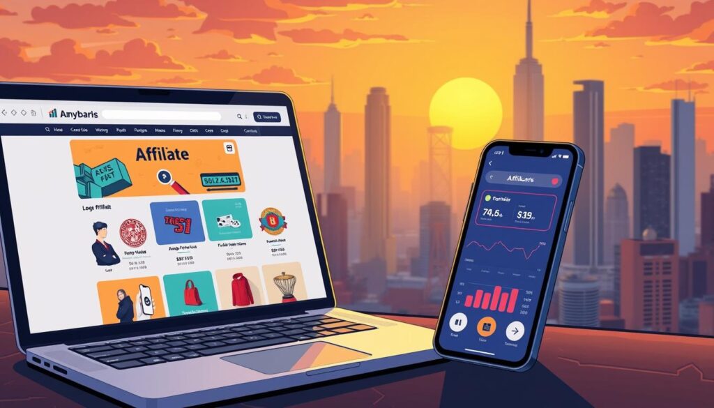 A vibrant and dynamic scene of affiliate marketing. In the foreground, a laptop displays a website with various affiliate product offerings, while in the middle ground, a smartphone showcases a mobile app dashboard tracking affiliate earnings. The background features a cityscape with skyscrapers and a warm, golden sunset glow, symbolizing the potential for growth and prosperity in the world of AI-powered niche blogging and affiliate monetization. The overall mood is one of excitement, innovation, and the intersection of technology and entrepreneurship. A vibrant and dynamic scene of affiliate marketing. In the foreground, a laptop displays a website with various affiliate product offerings, while in the middle ground, a smartphone showcases a mobile app dashboard tracking affiliate earnings. The background features a cityscape with skyscrapers and a warm, golden sunset glow, symbolizing the potential for growth and prosperity in the world of AI-powered niche blogging and affiliate monetization. The overall mood is one of excitement, innovation, and the intersection of technology and entrepreneurship.