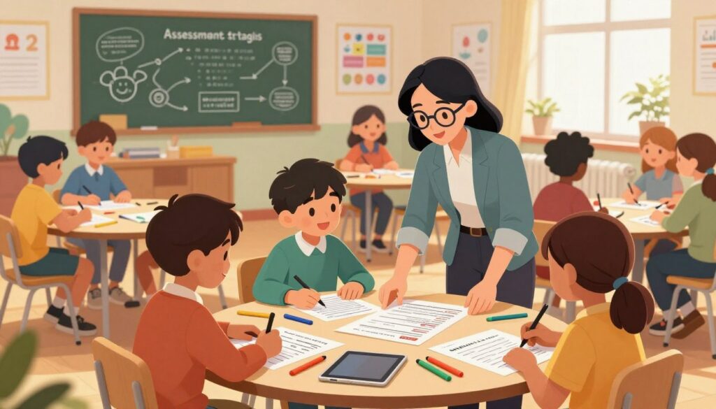 A vibrant classroom scene depicting a diverse group of students engaged in a balanced assessment activity. In the foreground, a female teacher with glasses, dressed in smart casual attire, is guiding two students—one boy and one girl, both in comfortable yet professional clothing—who are collaboratively working on a project at a round table filled with various assessment tools like rubrics, digital tablets, and colored markers. In the middle ground, other students are participating in different types of assessments, such as presentations and peer feedback sessions, showcasing a mix of skills being evaluated. The background features a chalkboard with diagrams illustrating assessment strategies and colorful educational posters. The lighting is bright and inviting, with warm sunlight streaming through the windows, creating an energetic and supportive atmosphere that encourages learning. A vibrant classroom scene depicting a diverse group of students engaged in a balanced assessment activity. In the foreground, a female teacher with glasses, dressed in smart casual attire, is guiding two students—one boy and one girl, both in comfortable yet professional clothing—who are collaboratively working on a project at a round table filled with various assessment tools like rubrics, digital tablets, and colored markers. In the middle ground, other students are participating in different types of assessments, such as presentations and peer feedback sessions, showcasing a mix of skills being evaluated. The background features a chalkboard with diagrams illustrating assessment strategies and colorful educational posters. The lighting is bright and inviting, with warm sunlight streaming through the windows, creating an energetic and supportive atmosphere that encourages learning.