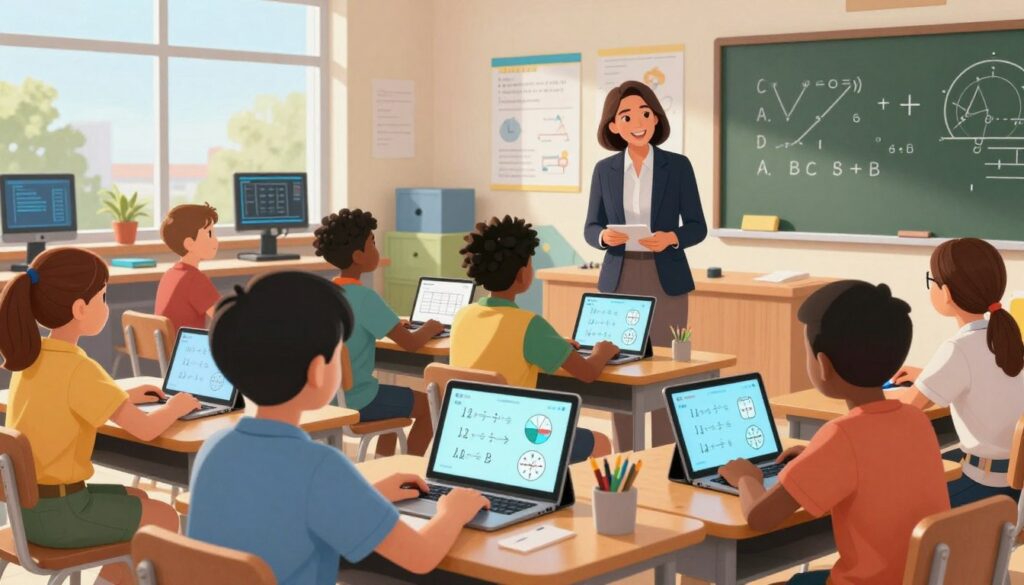 A vibrant classroom scene focused on a group of diverse middle school students engaged in a math lesson utilizing AI tools. In the foreground, students of varying ethnicities are seated at their desks, interacting with tablets displaying dynamic math equations and visual problem-solving graphics. The middle section features a knowledgeable teacher, dressed in smart casual attire, guiding the students with a warm smile, surrounded by educational posters related to math. The background showcases a modern classroom with bright lighting, large windows allowing natural light to flood in, and technology-integrated furnishings like smart boards and interactive displays. The mood is energetic and collaborative, emphasizing innovation in education with a focus on the seamless integration of AI in K-12 learning.