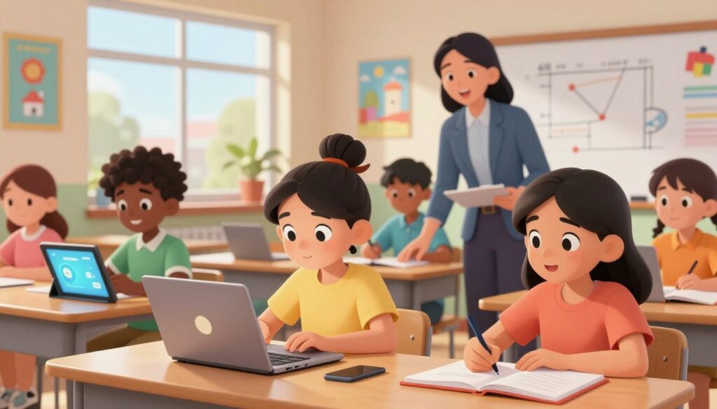 A vibrant classroom scene showcasing a diverse group of students engaged in learning with the help of AI technology. In the foreground, a young girl of Hispanic descent uses a laptop, her face illuminated by the screen's glow, showing curiosity and concentration. Beside her, a Black boy reviews interactive lessons on a tablet, while an Asian girl takes notes with a look of enthusiasm. In the middle ground, a teacher, dressed in professional attire, circulates and assists students, embodying a supportive atmosphere. The background features large windows with soft natural light pouring in, colorful educational posters on the walls, and a whiteboard filled with diagrams. The mood is positive and collaborative, reflecting the benefits of personalized, always-on learning support through AI tutoring.