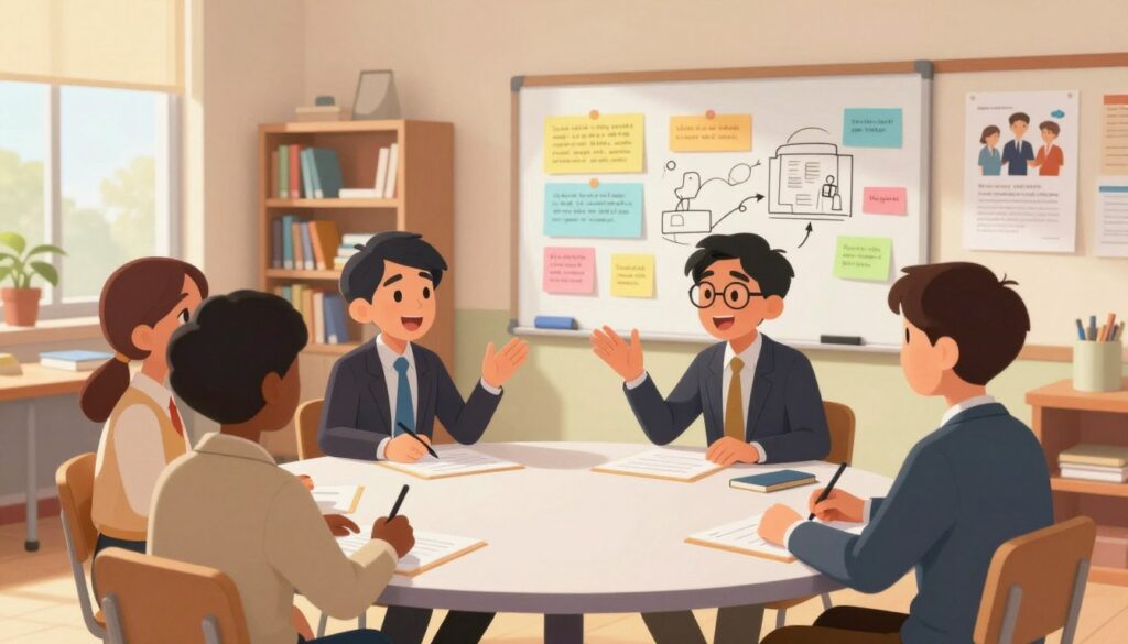 A vibrant classroom setting filled with students engaging in animated discussions. In the foreground, a diverse group of four students, dressed in professional business attire, are seated around a circular table, each expressing their ideas with enthusiasm. In the middle, a whiteboard displays colorful notes and diagrams, showcasing collaborative brainstorming efforts. The background features bookshelves filled with educational materials and bright posters promoting teamwork and dialogue. Soft, natural lighting filters through large windows, creating a warm and inviting atmosphere that encourages participation and learning. The angle is slightly elevated to capture the dynamic interactions and overall energy of the classroom, highlighting the importance of discourse in the learning process. A vibrant classroom setting filled with students engaging in animated discussions. In the foreground, a diverse group of four students, dressed in professional business attire, are seated around a circular table, each expressing their ideas with enthusiasm. In the middle, a whiteboard displays colorful notes and diagrams, showcasing collaborative brainstorming efforts. The background features bookshelves filled with educational materials and bright posters promoting teamwork and dialogue. Soft, natural lighting filters through large windows, creating a warm and inviting atmosphere that encourages participation and learning. The angle is slightly elevated to capture the dynamic interactions and overall energy of the classroom, highlighting the importance of discourse in the learning process.