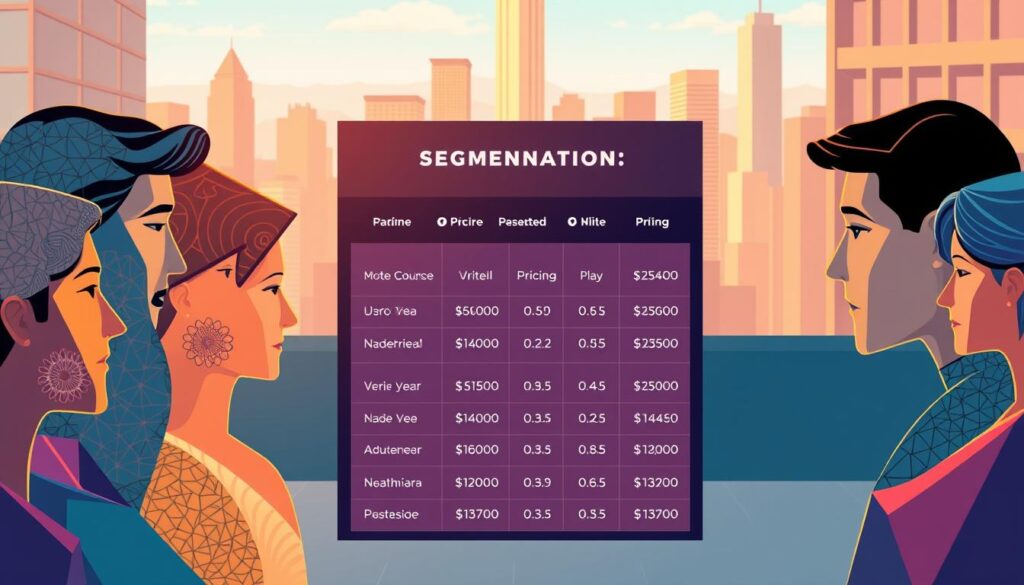 A vibrant, data-driven illustration of segmentation pricing. In the foreground, a diverse set of customer profiles represented by geometric shapes, each with intricate patterns and textures. In the middle ground, a dynamic pricing grid with adjustable parameters, reflecting the nuances of personalized value-based strategies. The background showcases a sleek, minimalist cityscape, hinting at the urban landscape where these algorithms are deployed. Warm, directional lighting casts subtle shadows, adding depth and dimension. The overall composition conveys the complexity and sophistication of modern hotel pricing mechanisms, balancing analytical rigor with a visually captivating aesthetic. A vibrant, data-driven illustration of segmentation pricing. In the foreground, a diverse set of customer profiles represented by geometric shapes, each with intricate patterns and textures. In the middle ground, a dynamic pricing grid with adjustable parameters, reflecting the nuances of personalized value-based strategies. The background showcases a sleek, minimalist cityscape, hinting at the urban landscape where these algorithms are deployed. Warm, directional lighting casts subtle shadows, adding depth and dimension. The overall composition conveys the complexity and sophistication of modern hotel pricing mechanisms, balancing analytical rigor with a visually captivating aesthetic.